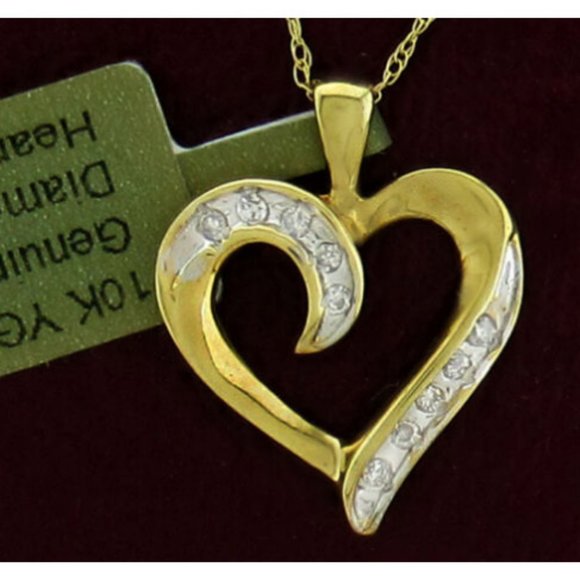 Genuine 0.15 Cts Diamonds Heart Pendant Necklace 10k Gold